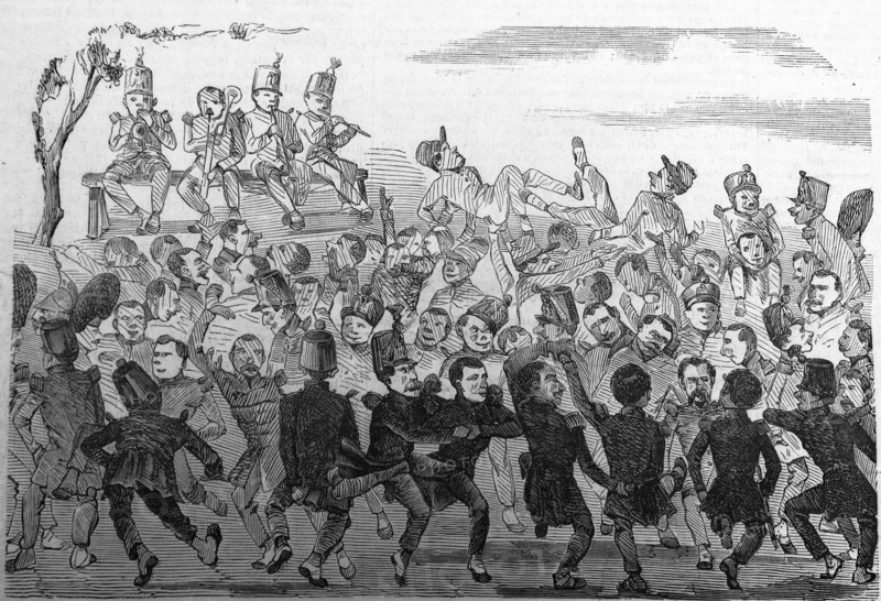 Illustration of French soldiers dancing to music being played by the military musicians
