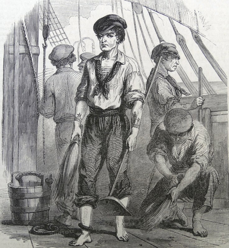 Illustration depicting convicts performing chores aboard the transport ship