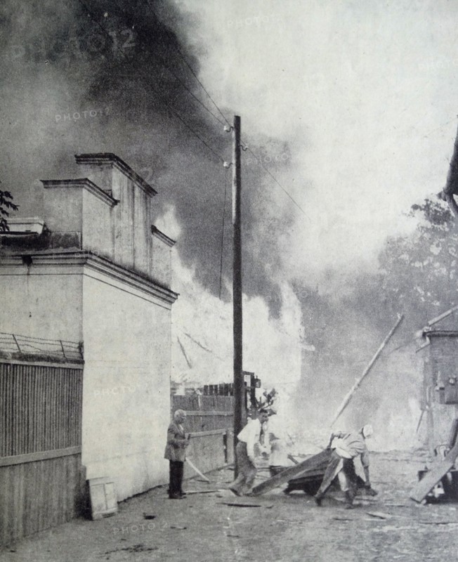 Photograph showing the aftermath of a Nazi bomb attack in a Warsaw suburb