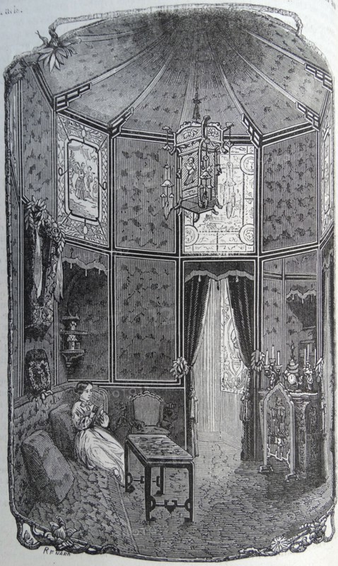 Illustration of a young wealthy girl sitting on a couch reading