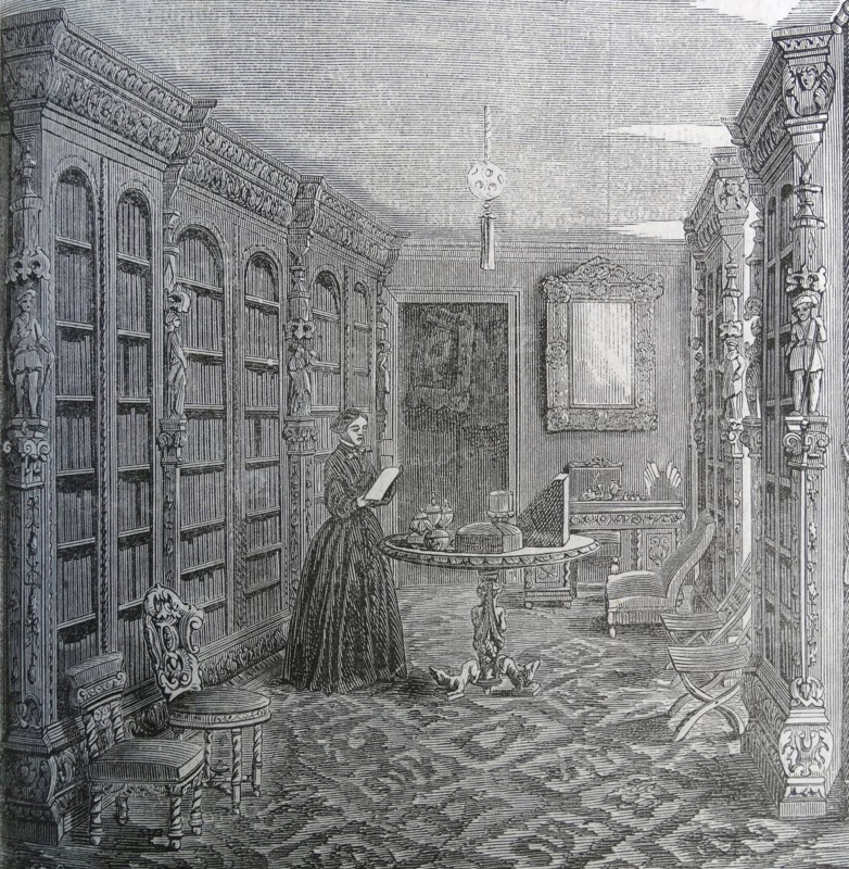 Illustration of a wealthy woman reading a book in her library