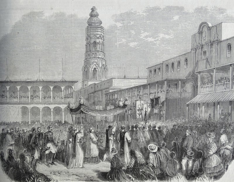 Illustration depicting a religious procession on the Plaza Mayor, Lima
