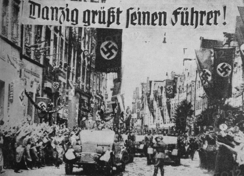 Photograph of a parade in Danzig greeting Hitler
