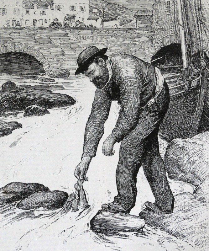 Illustration from a book depicting a fisherman plucking something from the stream