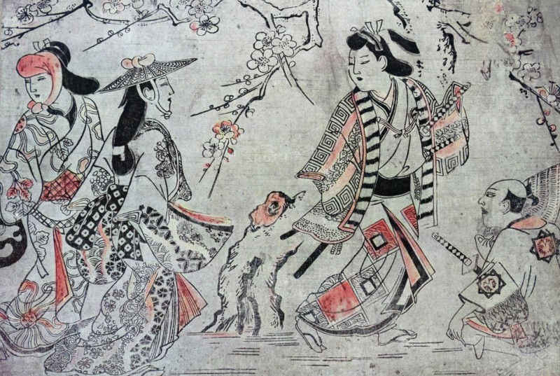 Moronobu: People walking under apple blossom; Japanese, 17th century