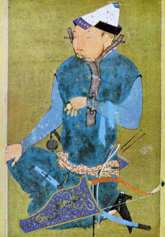 persian military commander prays, 15th century persian illustration