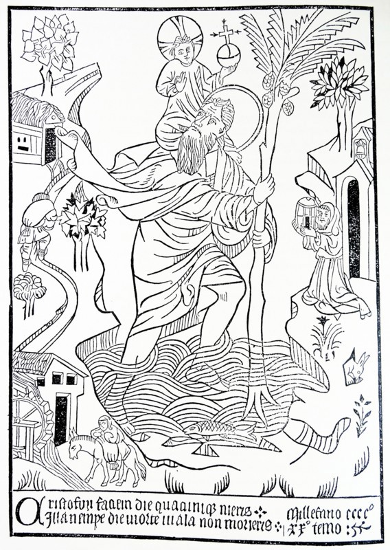 Woodcut print of St Christopher, from Buxheim on the Upper Rhine, dated 1423.