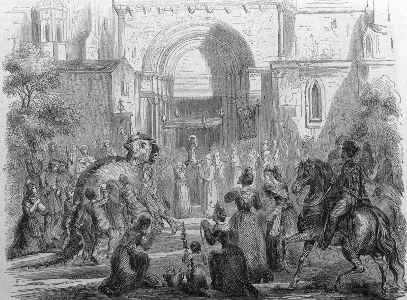 Illustration depicting the dragon worshiping the holy statue of Saint Martha