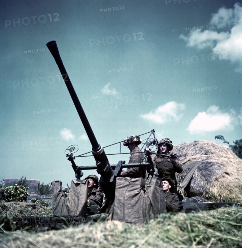 World War Two: Canadian soldiers manning a 40-mm Bofors anti-aircraft gun