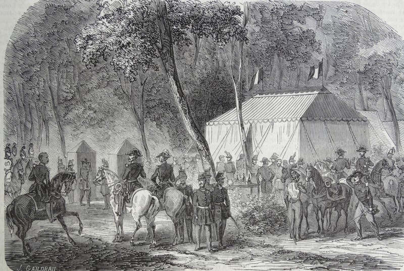Illustration depicting the encampment of Saint-German-en-Laye, in the forest of Vésinet