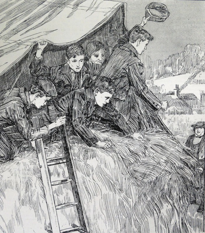 Illustration from a book depicting young boys popping out of their shelter to say hello to a passing woman