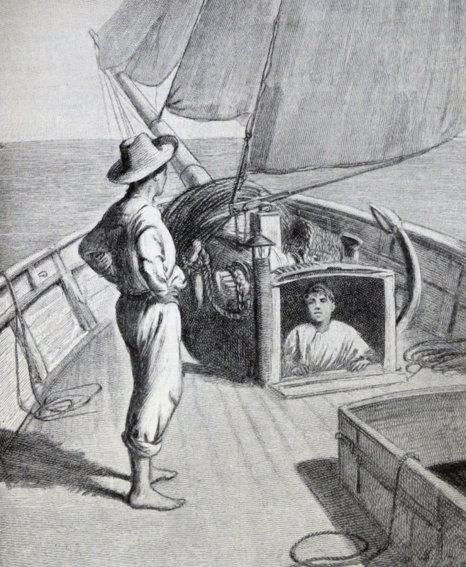 Illustration from a book depicting a young man standing on the deck whilst being watched by a young boy