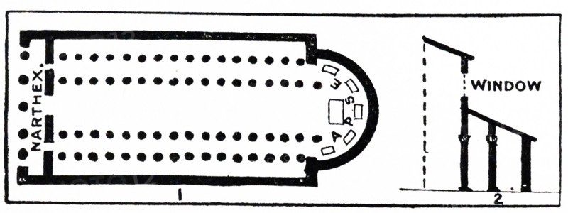 Illustration from a book depicting a basic plan for a typical Basilica and a semi-circular window