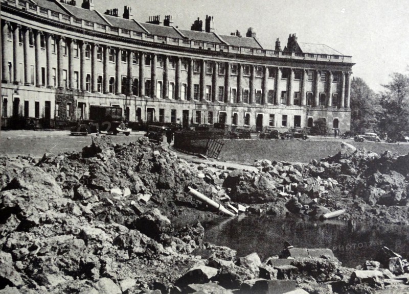 Photograph of the aftermath of a bomb that missed the Royal Crescent