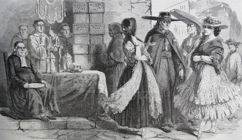 Scene at the door of a convent in Peru 1850.