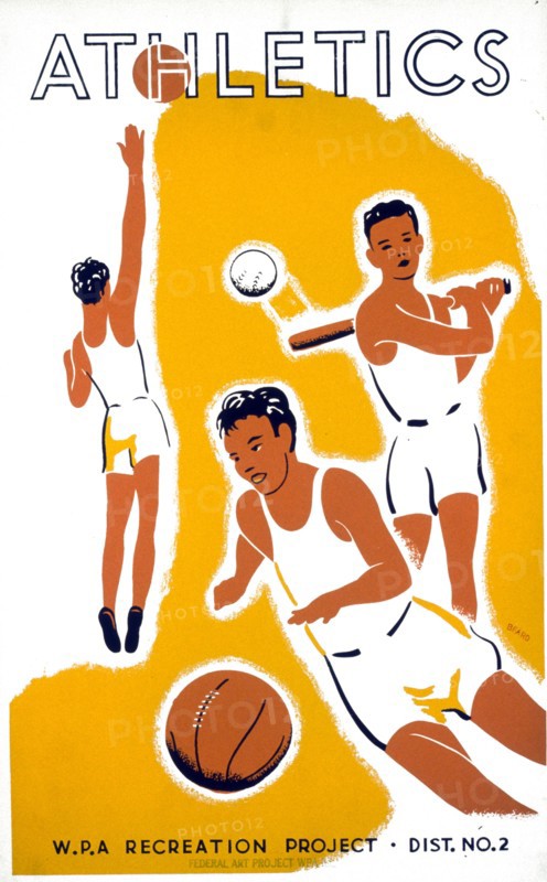 Poster showing youths playing basketball, baseball, and volleyball