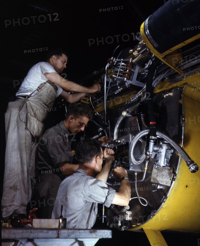 wiring assemblies at a junction box on the fire wall for the right engine of a B-25 bomber