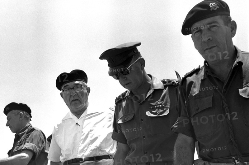 General Haim bar Lev, Prime Minister Levi Eshkol; Chief of staff General Yitzhak Rabin and Major General Israel tal