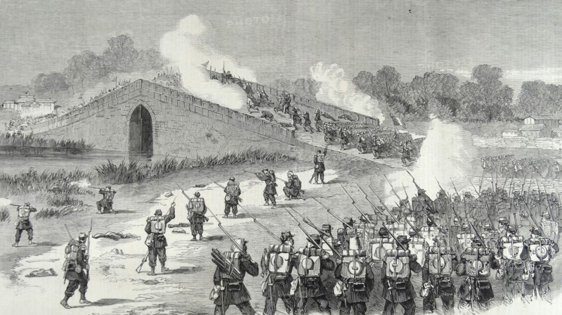 Engraving depicting the French attack on the Bridge Pa-Li-Chian