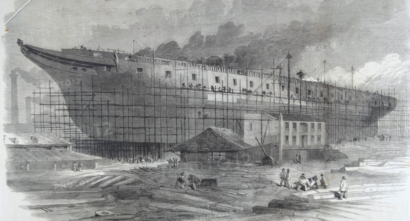Engraving depicting the construction of a large ship
