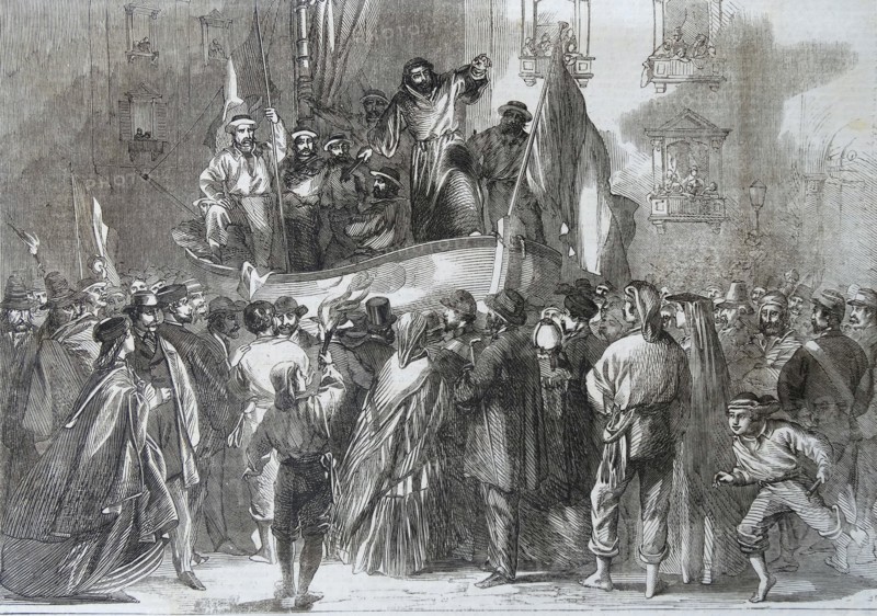 Engraving depicting Padre Giovanni addressing the people