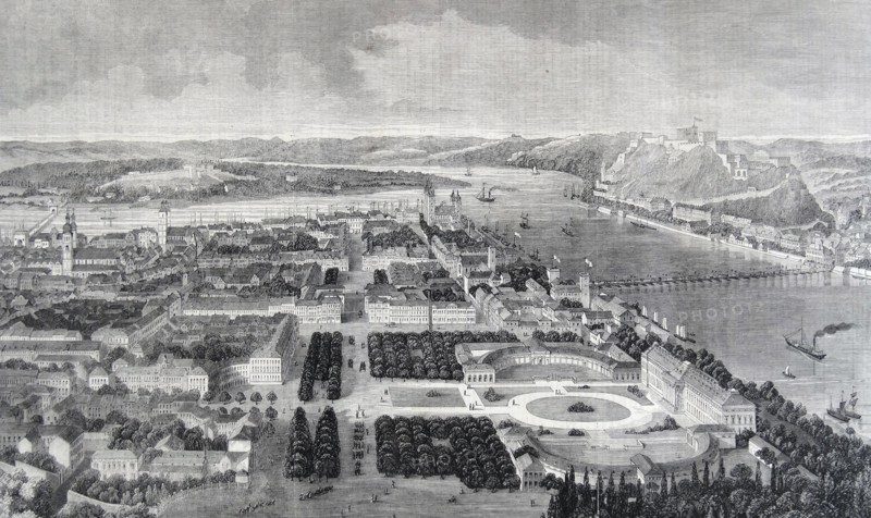 Engraving depicting a bird's-eye-view of the city of Koblenz