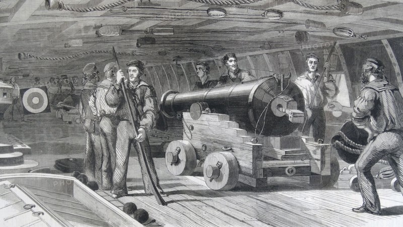 Engraving depicting gun practice on board H.M.S 'Brilliant'