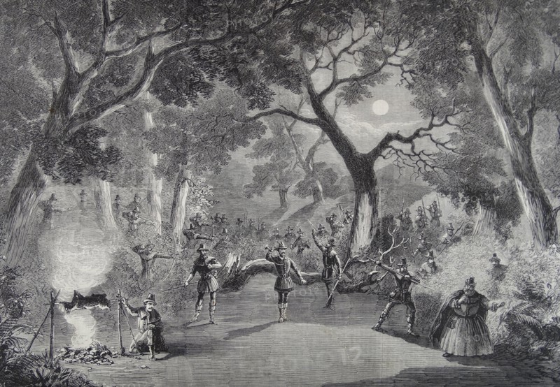 Engraving depicting a scene from the opera 'Robin Hood' at Her Majesty's Theatre