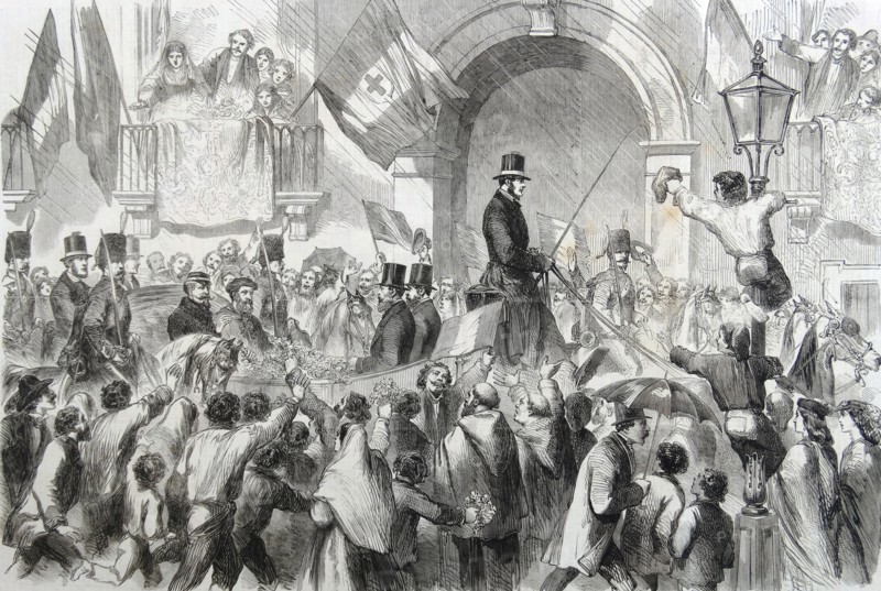 Engraving depicting the entrance of Victor Emmanuel in Naples