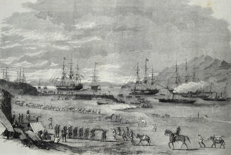 Engraving depicting the departure of troops from Hockley Pier
