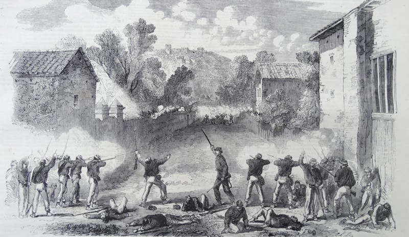 Engraving depicting the Sicilian Skirmishers attacking the Neapolitans