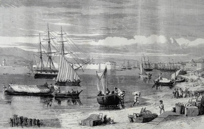 Engraving depicting people unloading their chattels at Messina