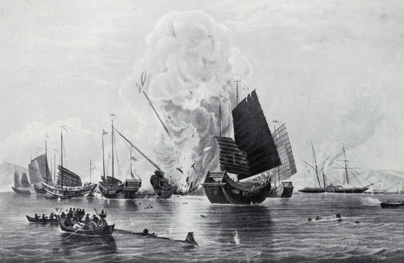 Aquatint of the East India Company's steamship Nemesis destroying Chinese War Junks at Chuenpee
