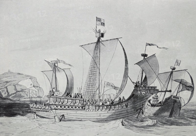 Aquatint of an early 15th Century fighting ship