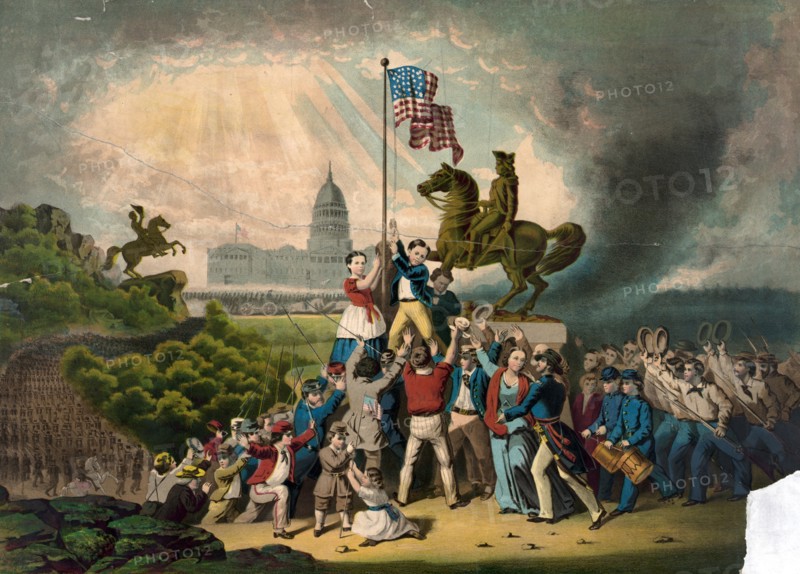 Engraving of a painting titled 'Raising the Flag'