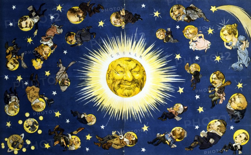 Colour lithograph titled 'New York's new solar system' created by Udo J Keppler