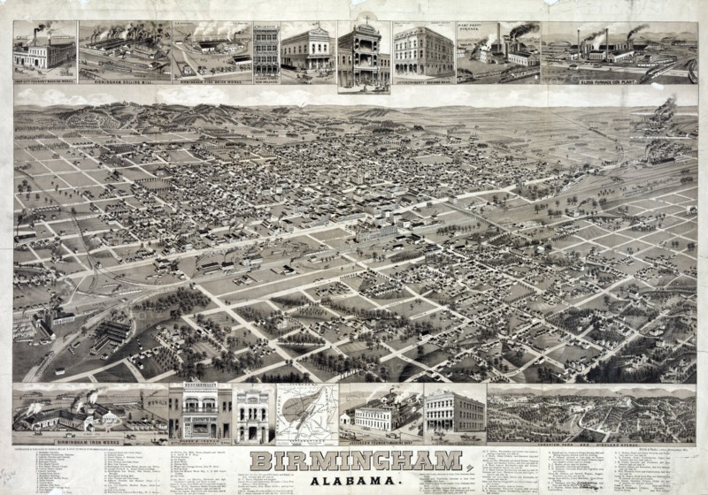A composite of bird's-eye view of Birmingham, Alabama