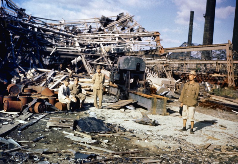 Colour photograph of the damage created by the atomic bombing of Nagasaki