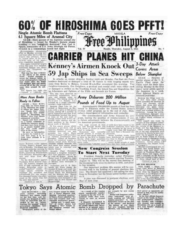 Headline front page on the 'Free Philippines' newspaper 1945