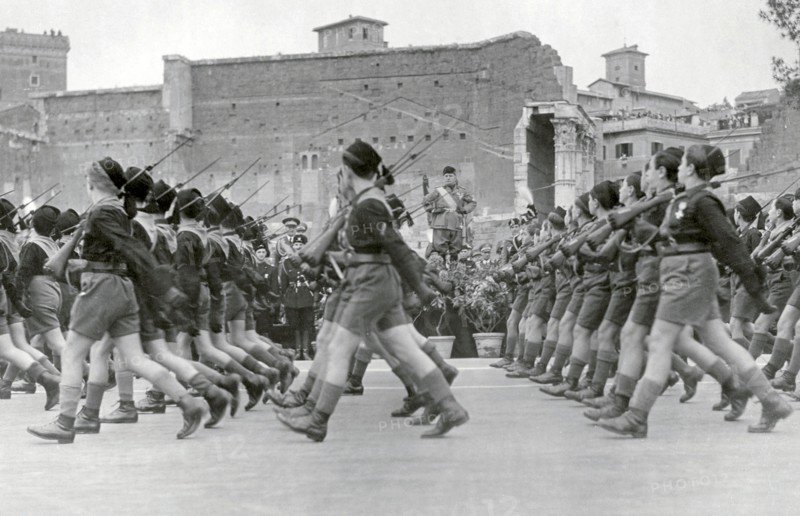 Benito Mussolini reviews fascist youth in Rome