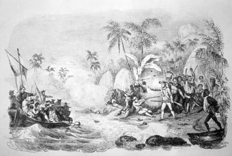 19th century illustration showing the death of Captain James Cook
