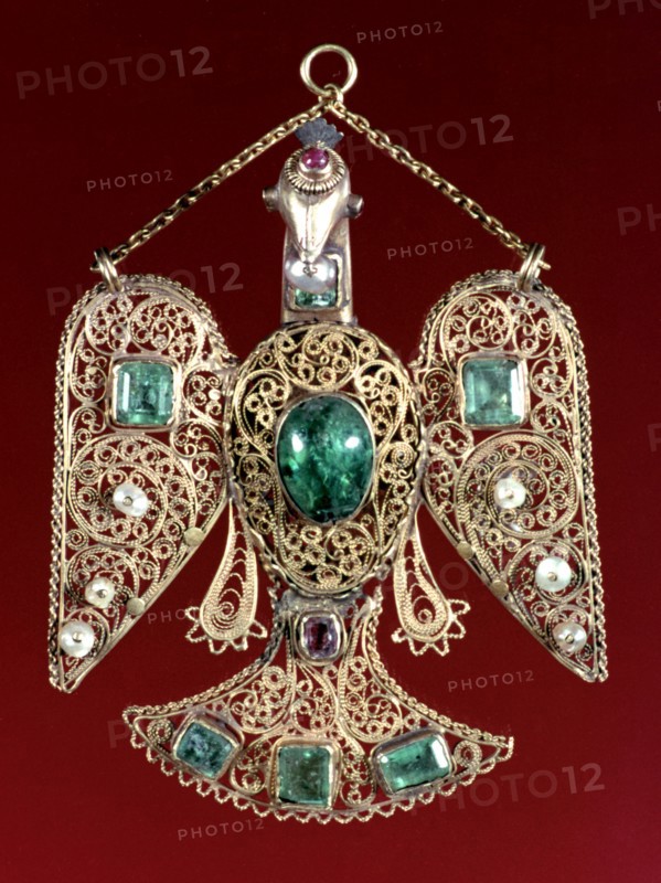 An enamelled and gem set gold, eagle pendant, Islamic possibly north African 18th century