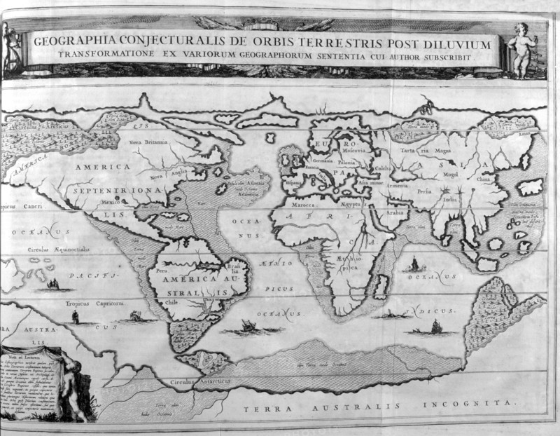 World map showing land formations and continents after the great flood from Arca Noe,