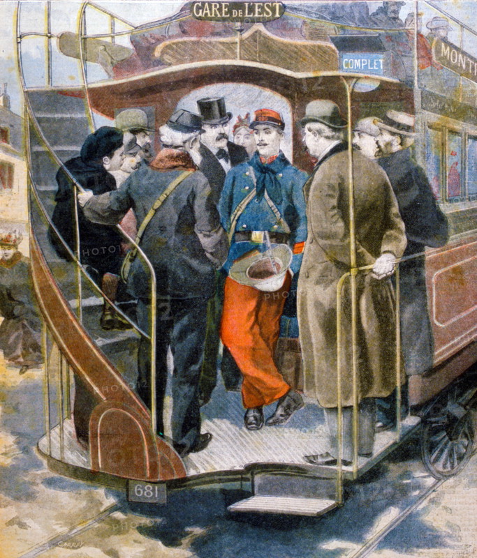 French illustration of a tram conductor in conversation with passengers