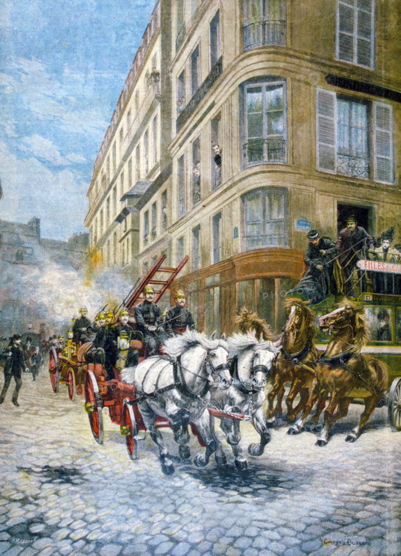 Horse drawn fire trucks rush through Paris to the scene of a fire