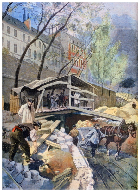 Building tramways on the streets of Paris, 1899