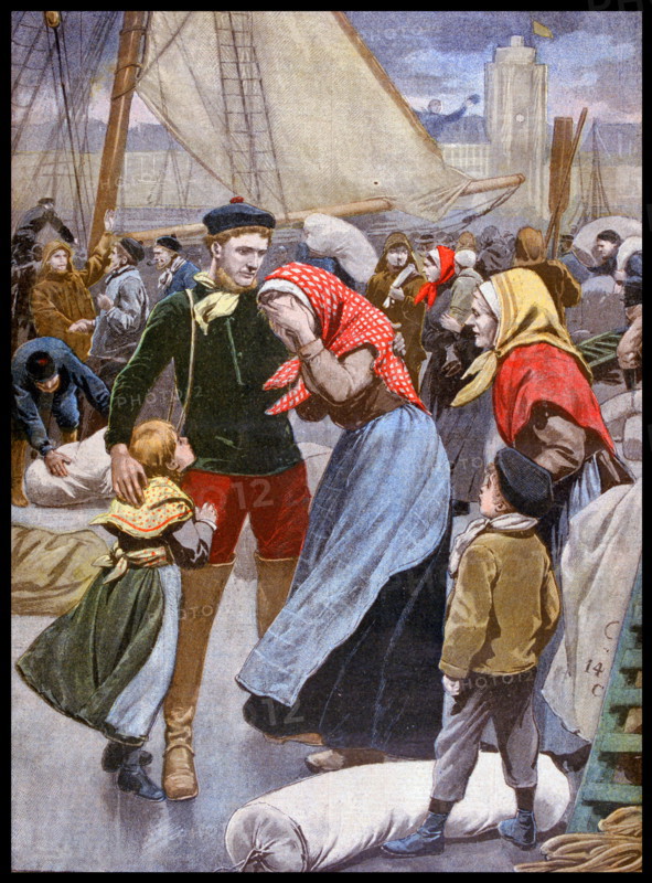 Illustration showing the departure of French cod fisherman as they leave Dunkirk 1900