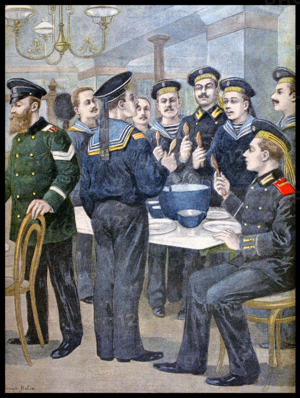 Illustration showing a Russian sailors eating while on shore leave in France 1900