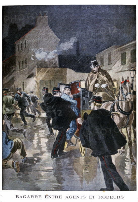 Illustration showing arrests by French Police agents acting against prowlers 1900