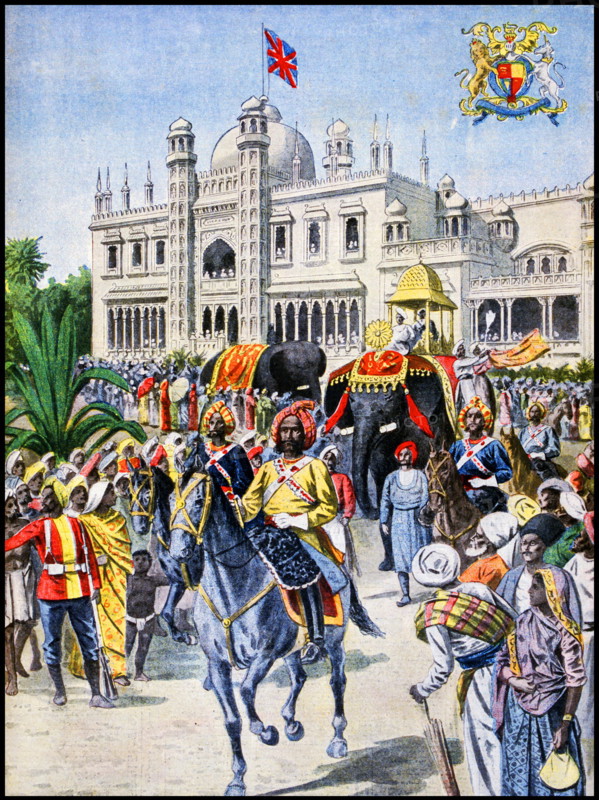 Illustration showing a procession in front of the Indian Pavilion, at the Exposition Universelle of 1900